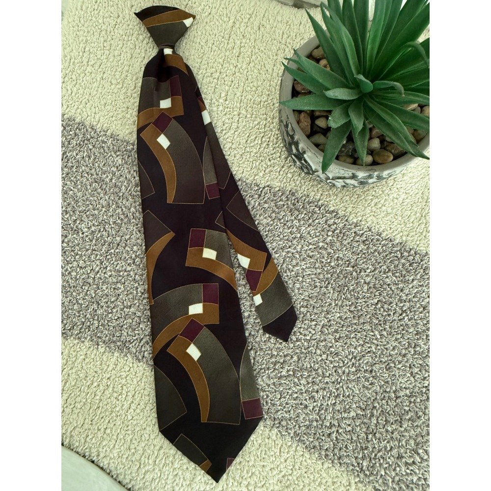 Towncraft Clip On Tie Mens One Size Brown Excellent Geometric Abstract Vintage